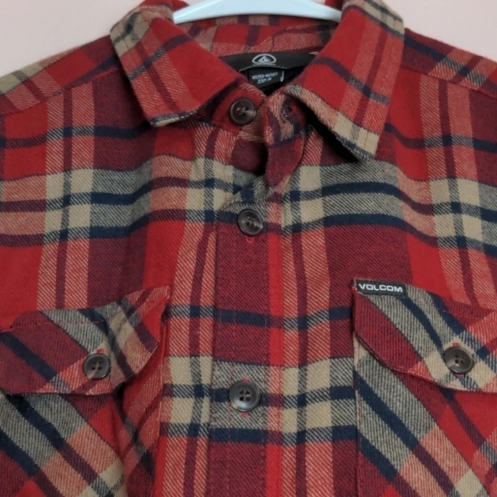 Volcom Belgrade Red Plaid Button Up Shirt Jacket with Pockets size Medium